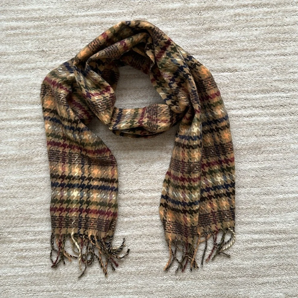 Made in Scotland 100% Cashmere Scarf Classic Tan and Multi Plaid Fringe Ends